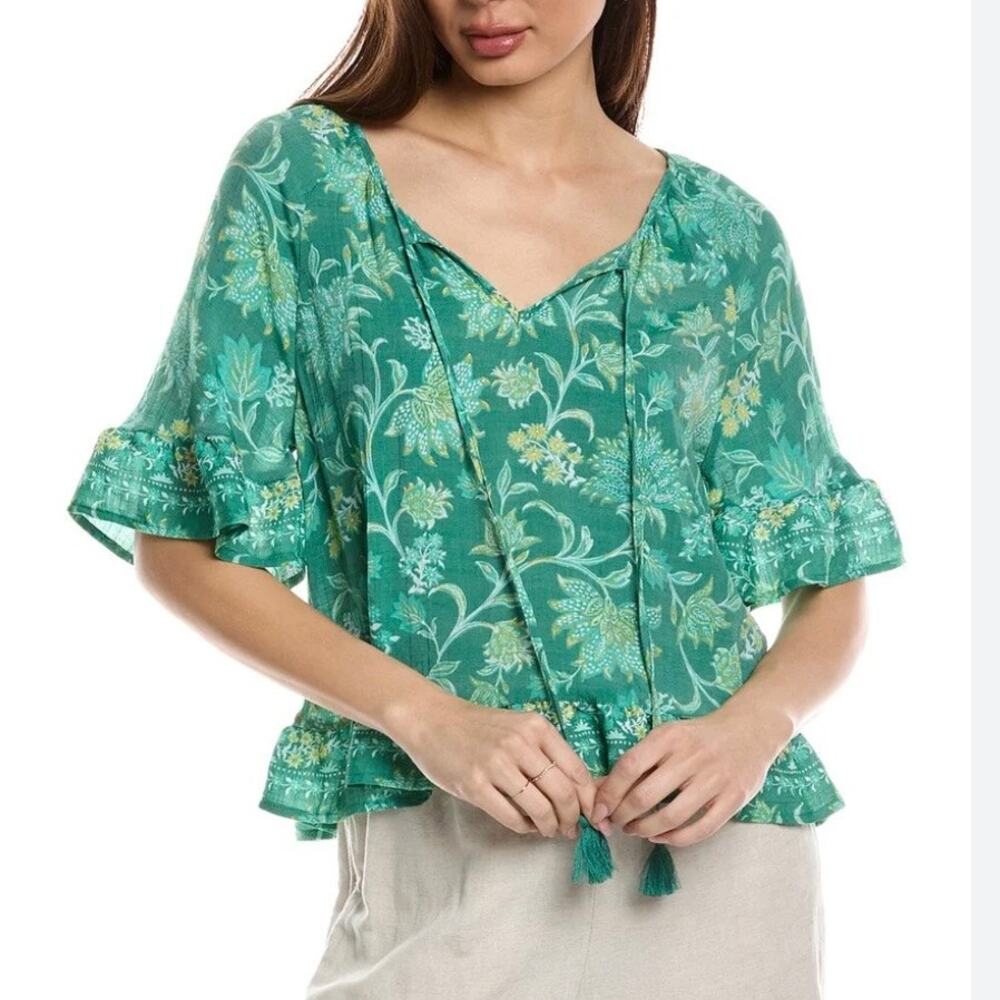 Nanette Lepore Green Floral Blouse Sz L Tassel Tie Bell Sleeves Ruffles Bohemian